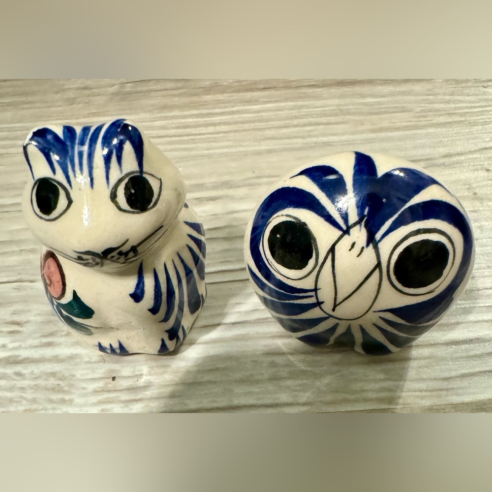 Mexican ceramic miniature owl and cat figurines. New. Excellent condition.